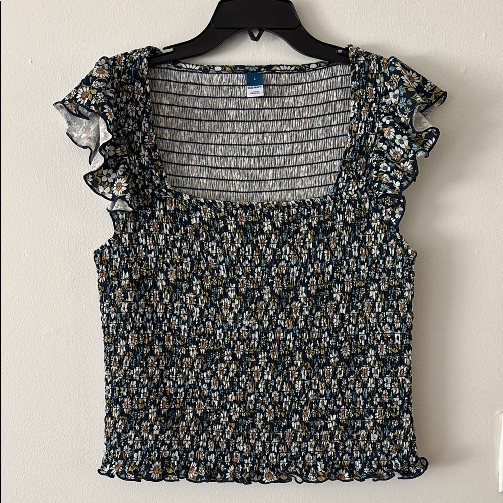 Old Navy Blue Dark Floral Smocked Square Neck Ruffle Sleeve Top New size large